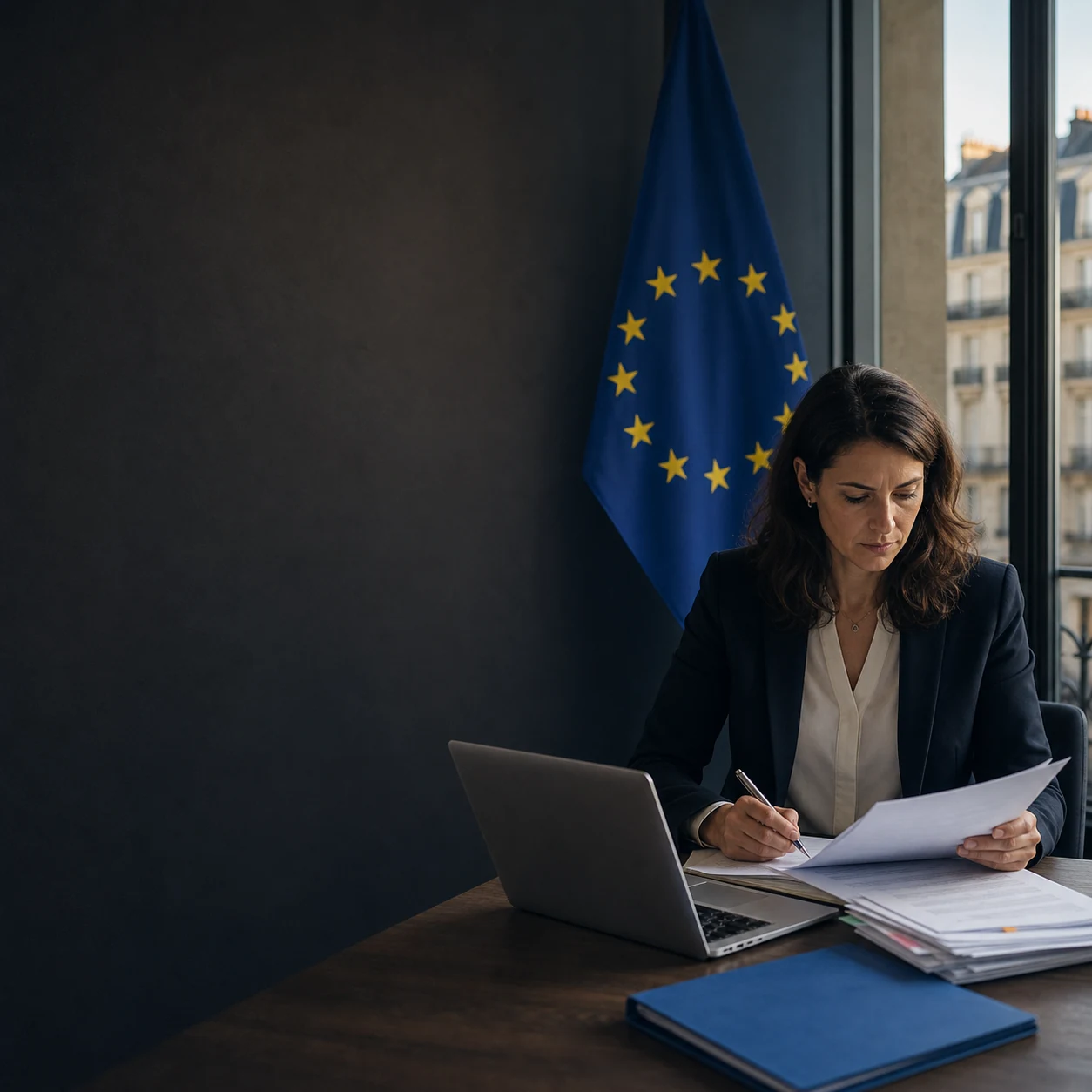 Professionnelle préparant un dossier avec le drapeau européen en arrière-plan