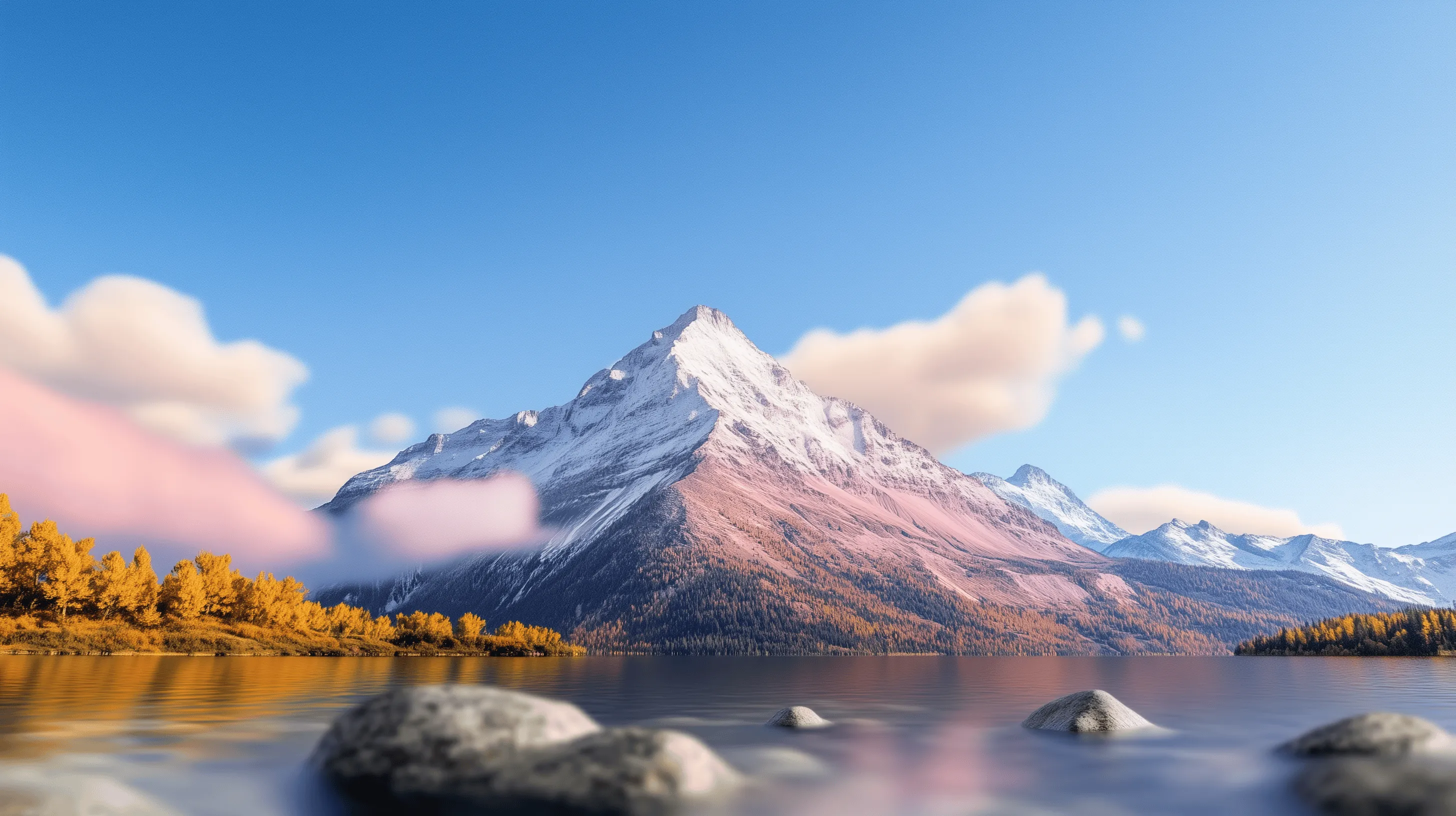 Sunlit mountain rising above a calm alpine lake beneath a vivid blue sky